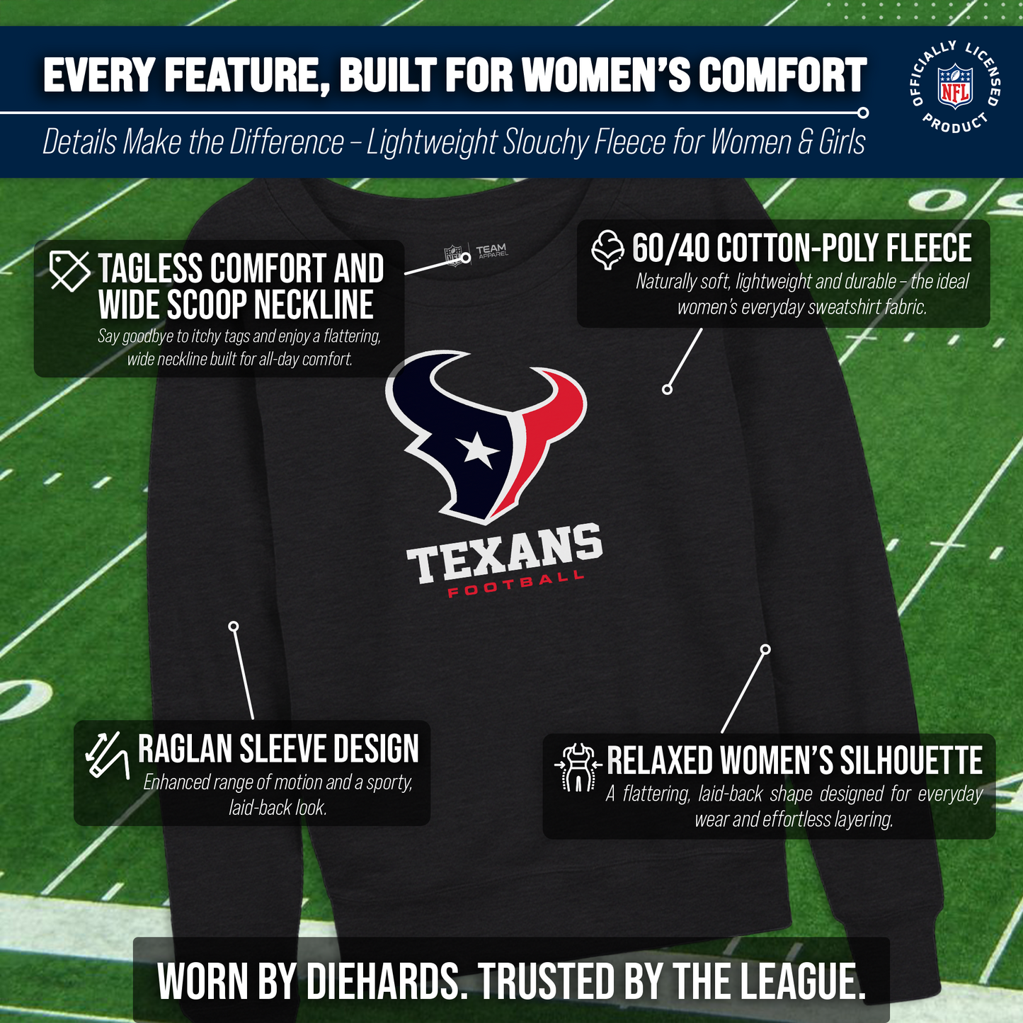 Houston Texans Women's NFL Ultimate Fan Logo Slouchy Crewneck -Tagless Fleece Lightweight Pullover - Charcoal