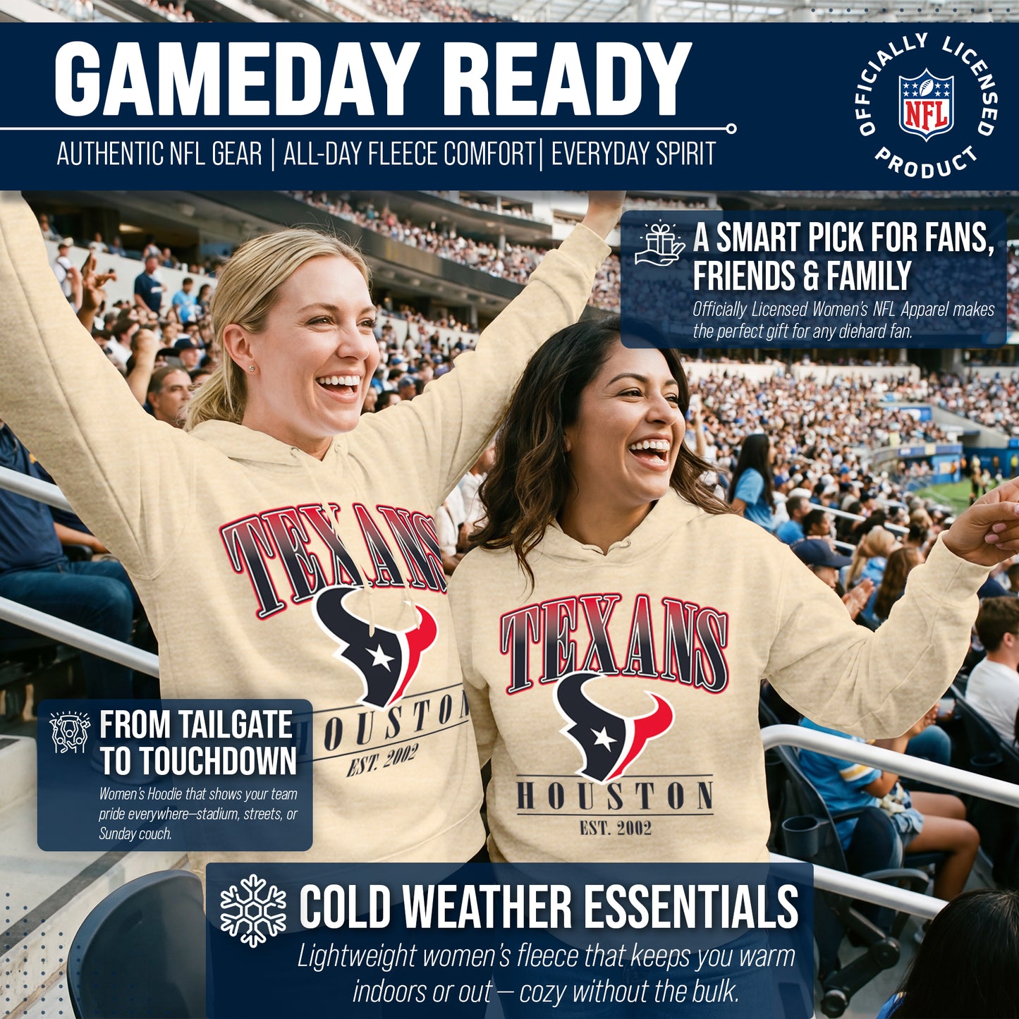 Houston Texans Ladies NFL Starstruck Fleece Pullover Hooded Sweatshirt - Cream