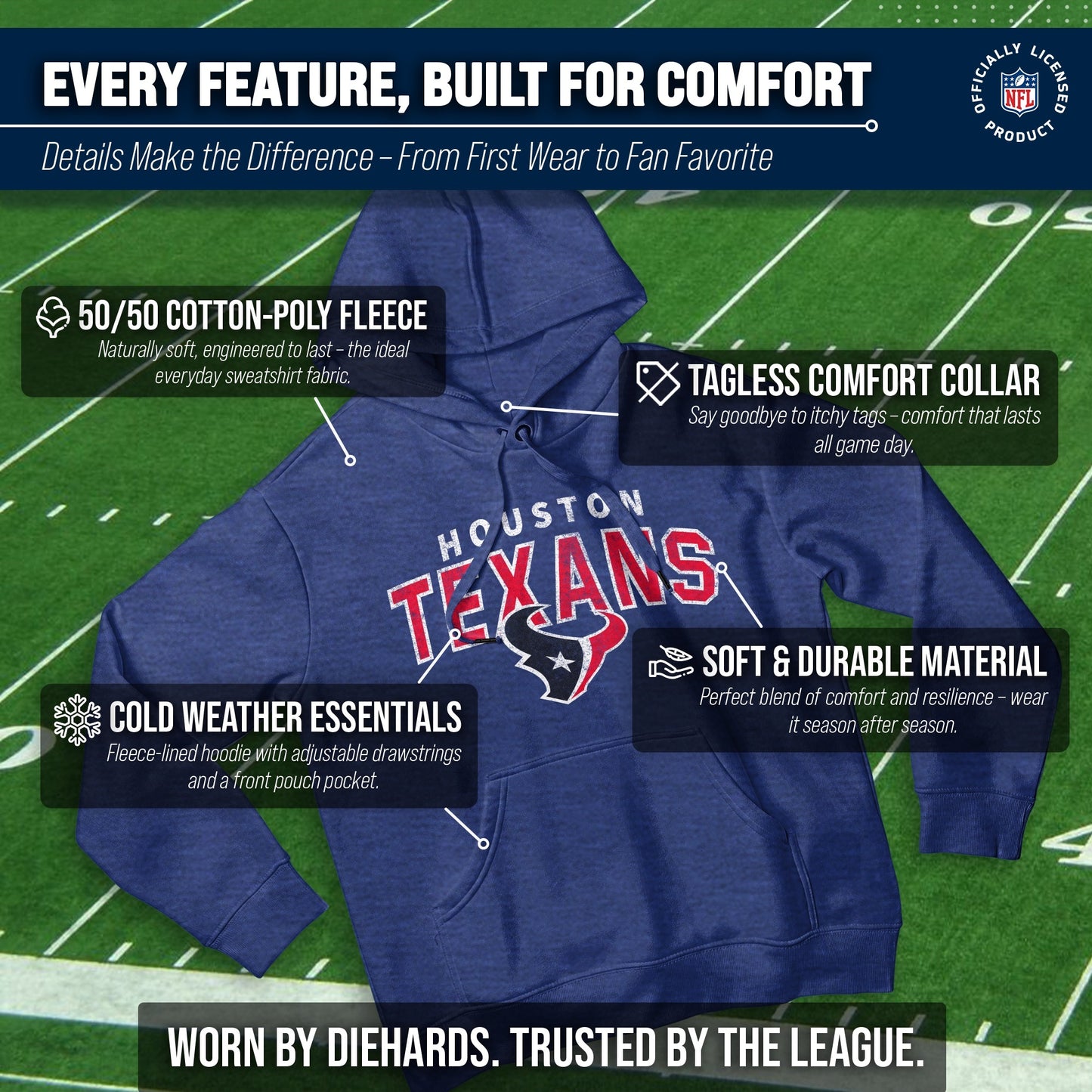 Houston Texans NFL Adult Unisex Starting Fresh Ultra Soft Fleece Hooded Sweatshirt - Navy