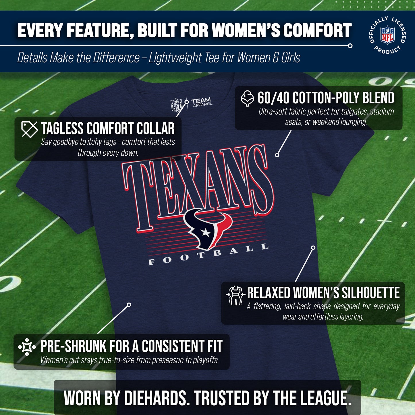 Houston Texans NFL Womens Overtime Blueprint Tag-Less T-Shirt - Navy