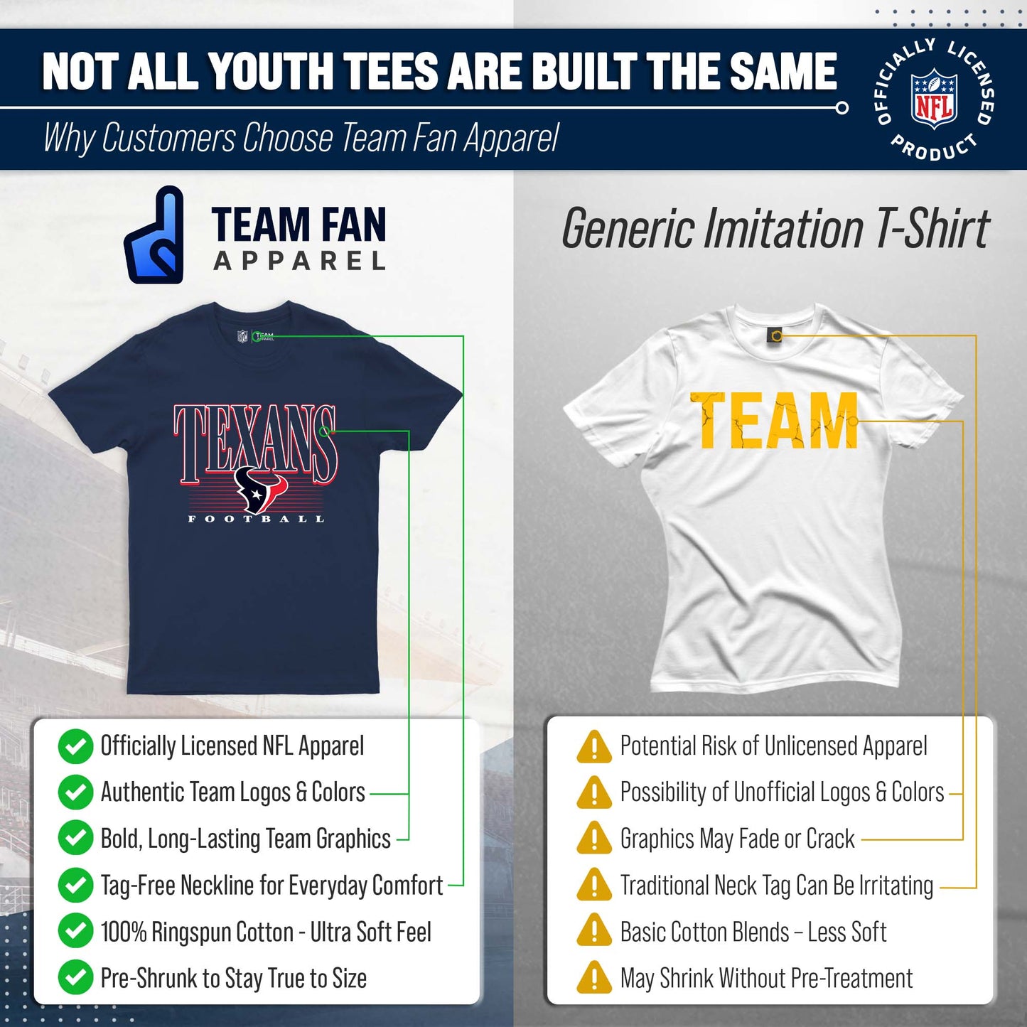 Houston Texans NFL Youth Overtime Blueprint Football T-Shirt Unisex Tag Free Comfortable - Navy