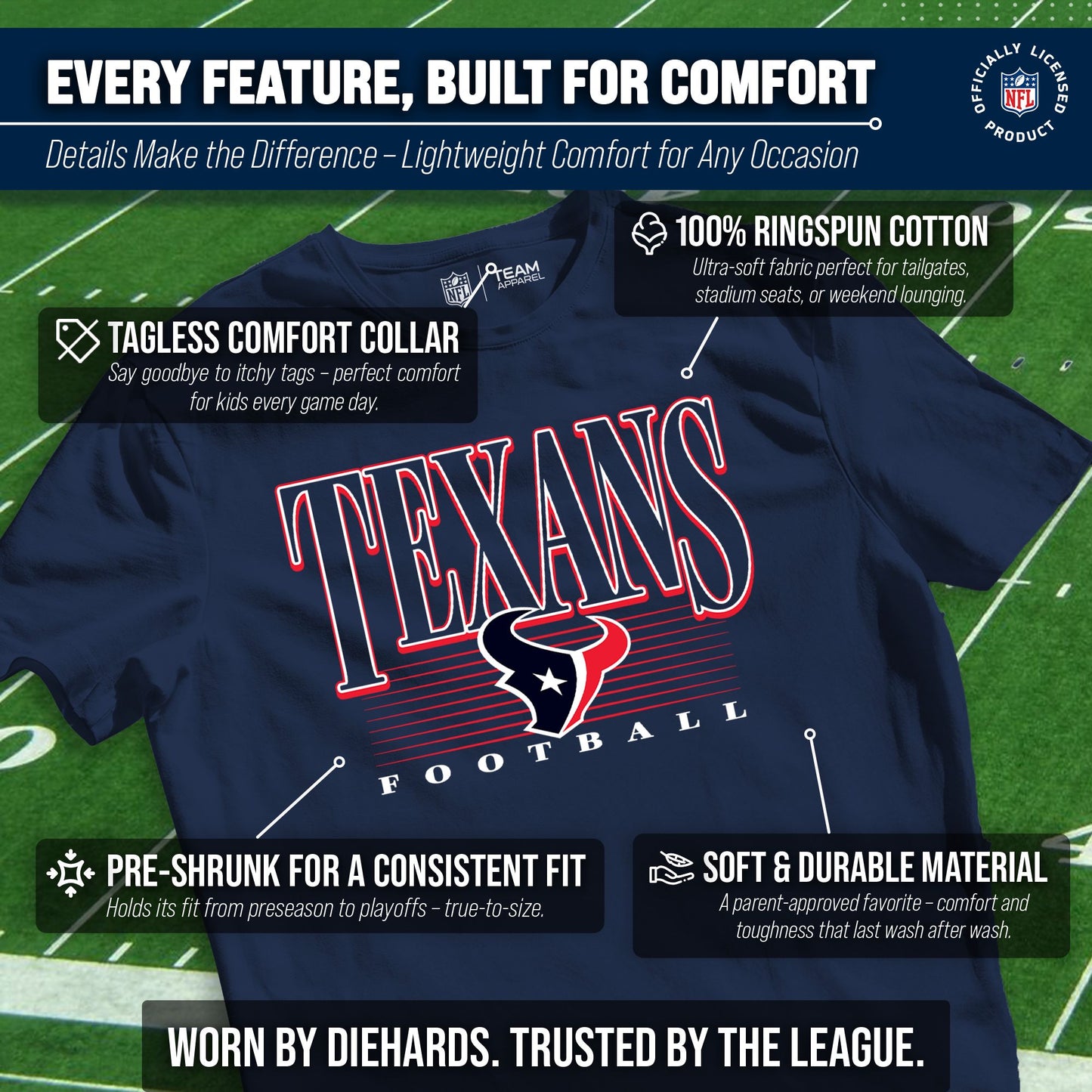 Houston Texans NFL Youth Overtime Blueprint Football T-Shirt Unisex Tag Free Comfortable - Navy
