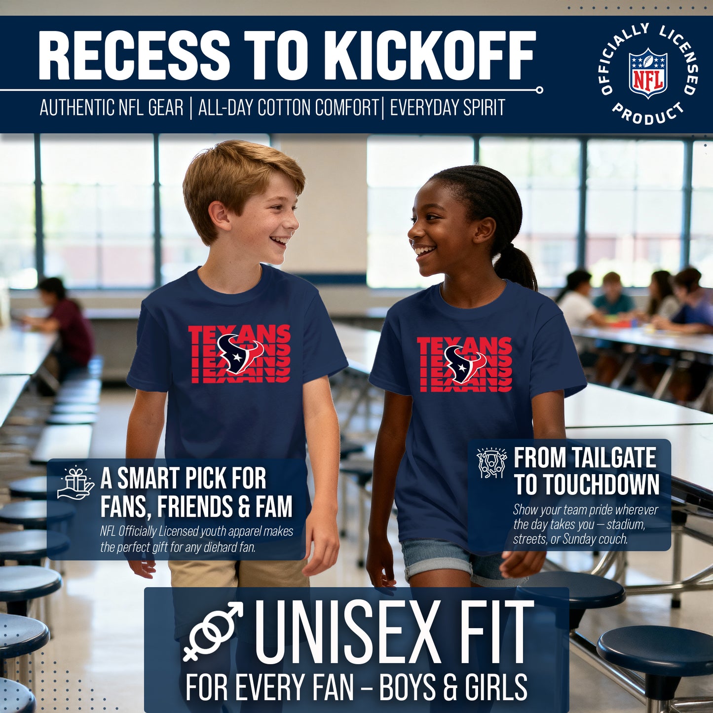 Houston Texans NFL Youth Repeating Logo Football T-Shirt Unisex Tag Free Comfortable - Navy