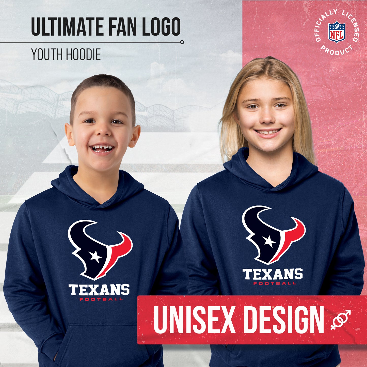Houston Texans Youth NFL Ultimate Fan Logo Fleece Hooded Sweatshirt -Tagless Football Pullover For Kids - Navy