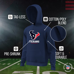 Houston Texans Youth NFL Ultimate Fan Logo Fleece Hooded Sweatshirt -Tagless Football Pullover For Kids - Navy