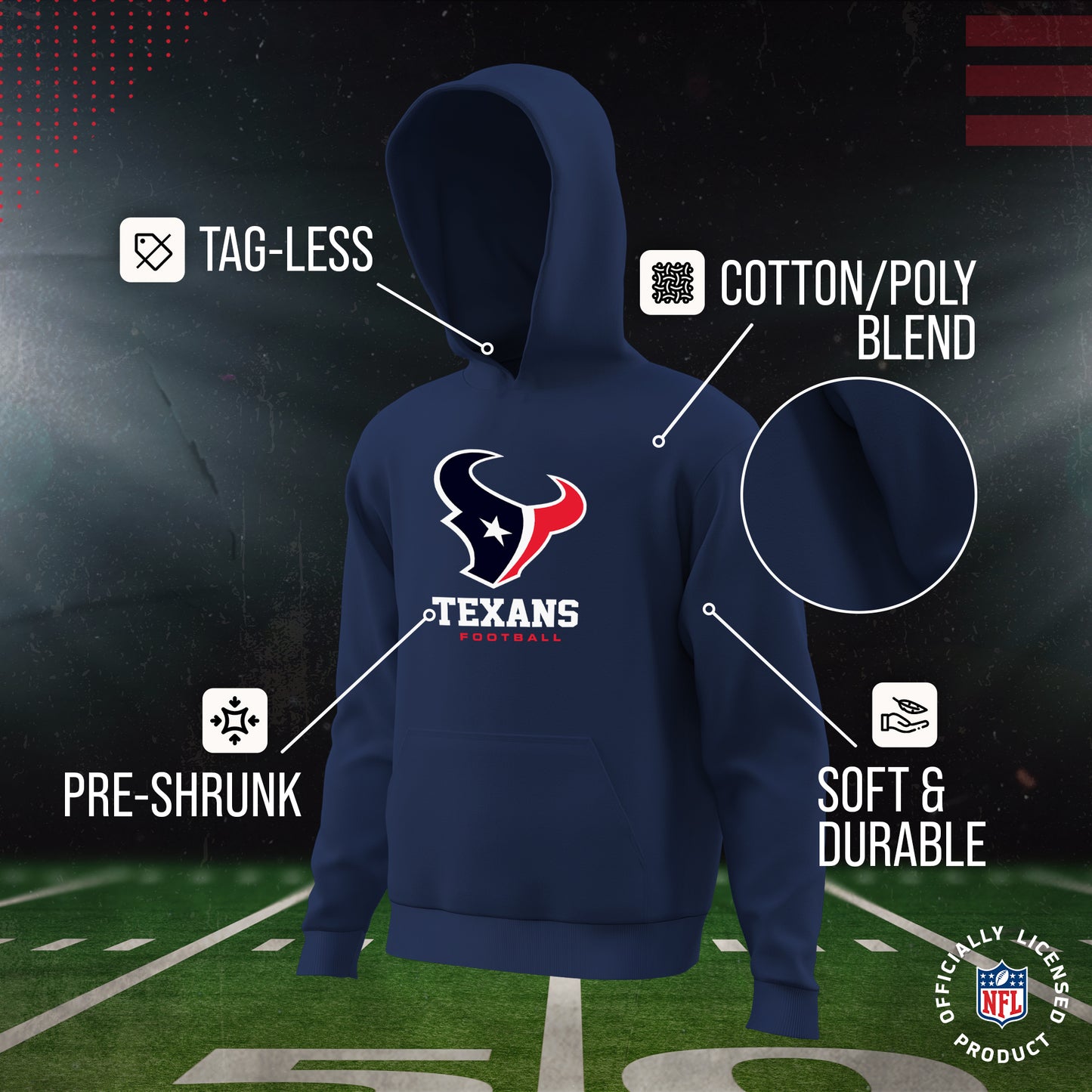 Houston Texans Youth NFL Ultimate Fan Logo Fleece Hooded Sweatshirt -Tagless Football Pullover For Kids - Navy