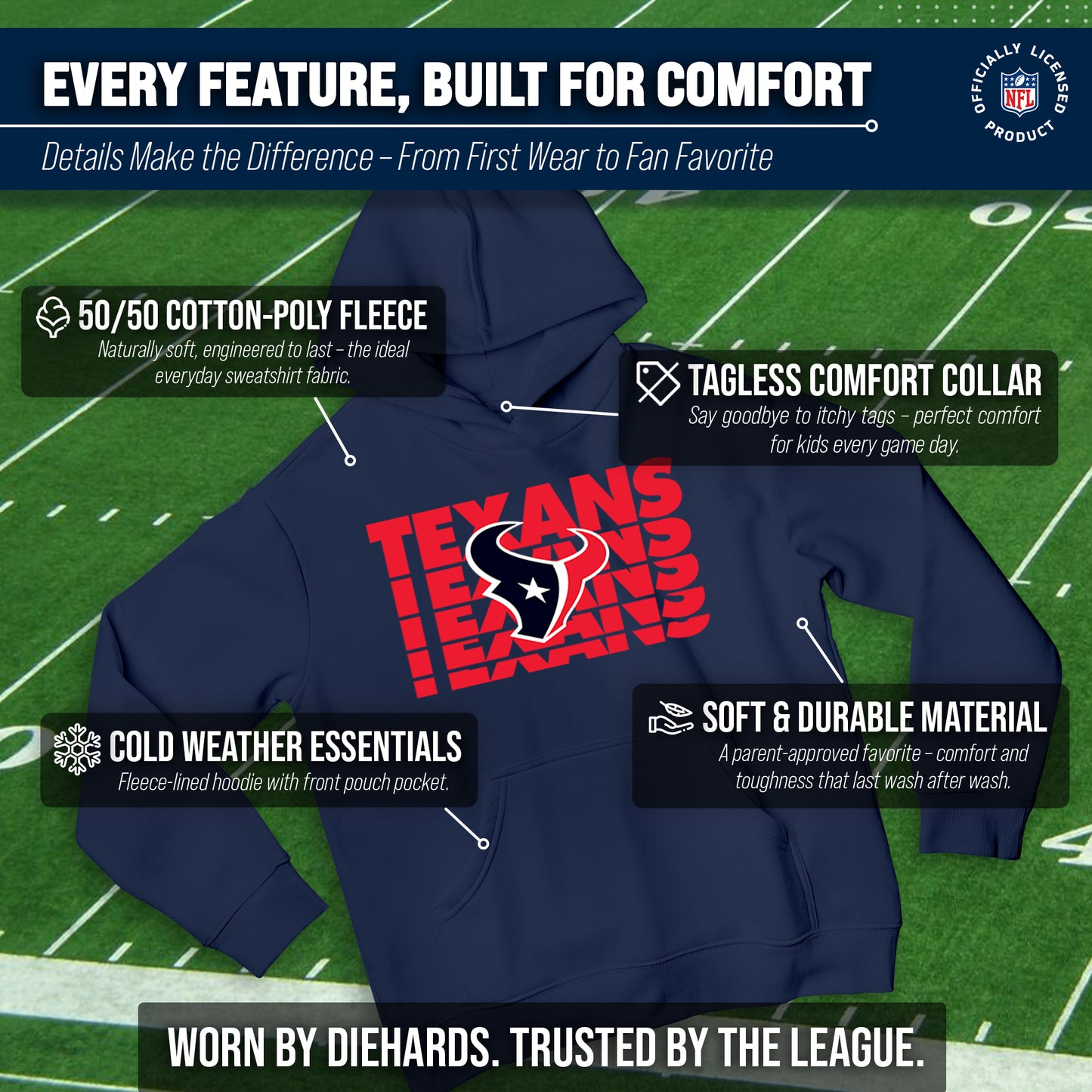 Houston Texans NFL Youth Repeating Logo Football Fleece Hooded Sweatshirt - Navy