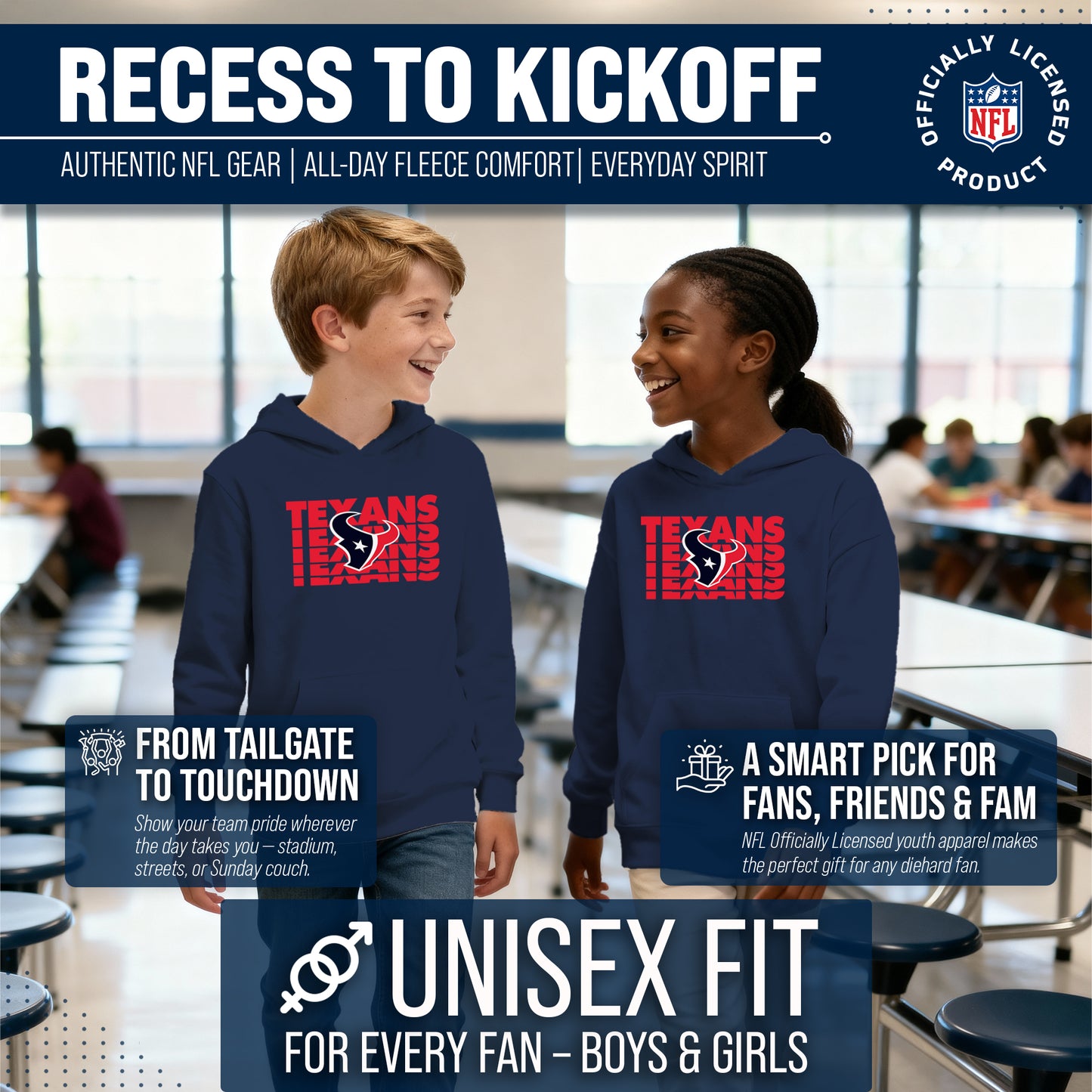 Houston Texans NFL Youth Repeating Logo Football Fleece Hooded Sweatshirt - Navy