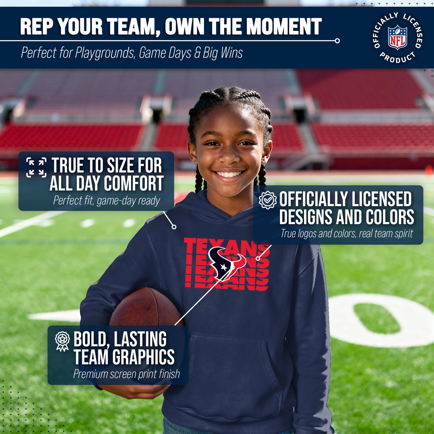 Houston Texans NFL Youth Repeating Logo Football Fleece Hooded Sweatshirt - Navy