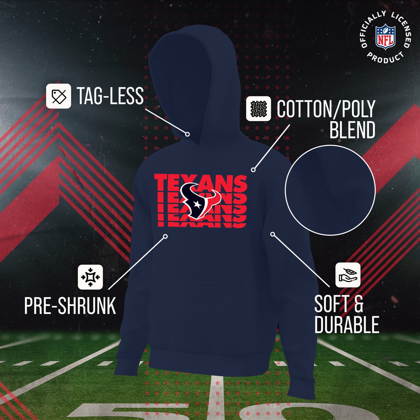 Houston Texans NFL Youth Repeating Logo Football Fleece Hooded Sweatshirt - Navy