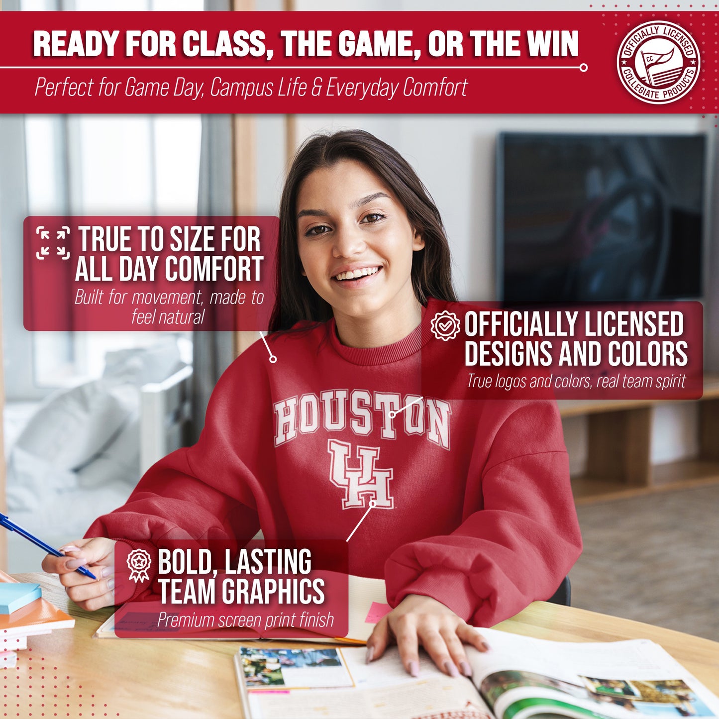Houston Cougars Adult Arch & Logo Soft Style Gameday Crewneck Sweatshirt - Red
