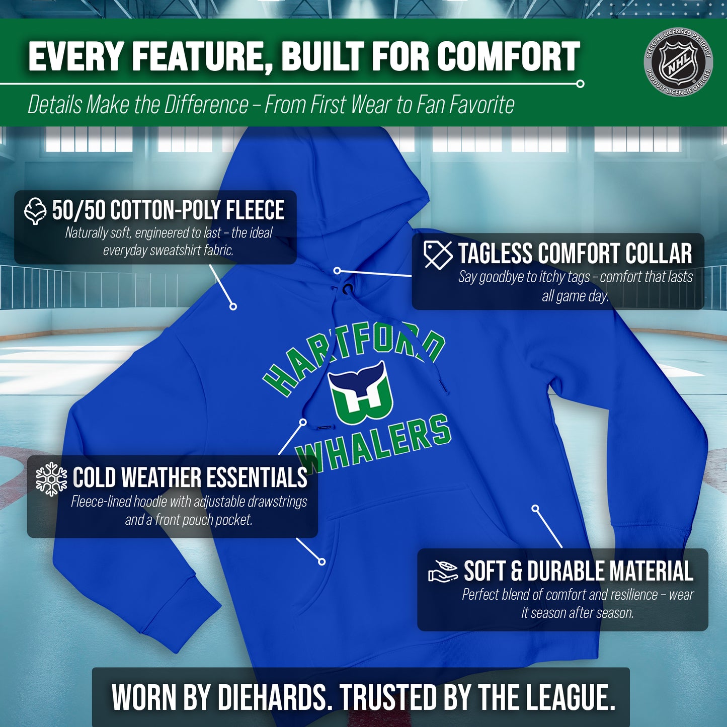Hartford Whalers Adult NHL Primary Logo Hooded Sweatshirt - Royal