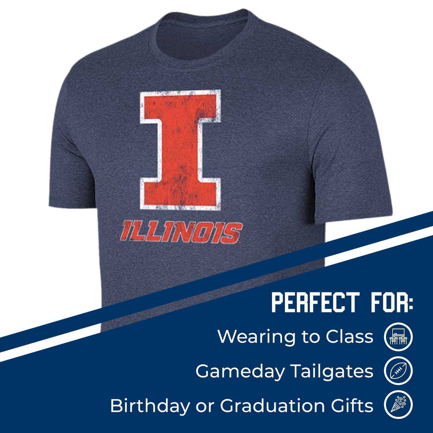 Illinois Fighting Illini Adult MVP Heathered Cotton Blend T-Shirt - Navy