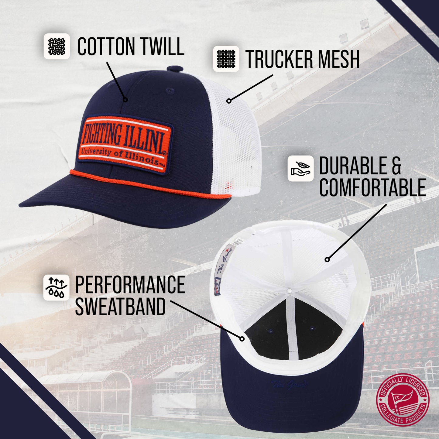 Illinois Fighting Illini NCAA Adult Elite Everyday Adjustable Mesh Trucker Hat - Navy