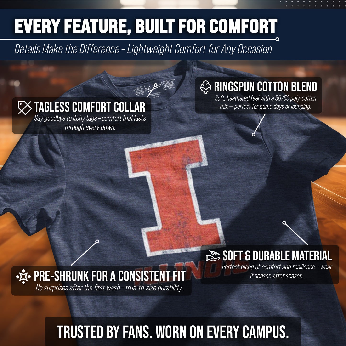 Illinois Fighting Illini Adult MVP Heathered Cotton Blend T-Shirt - Navy