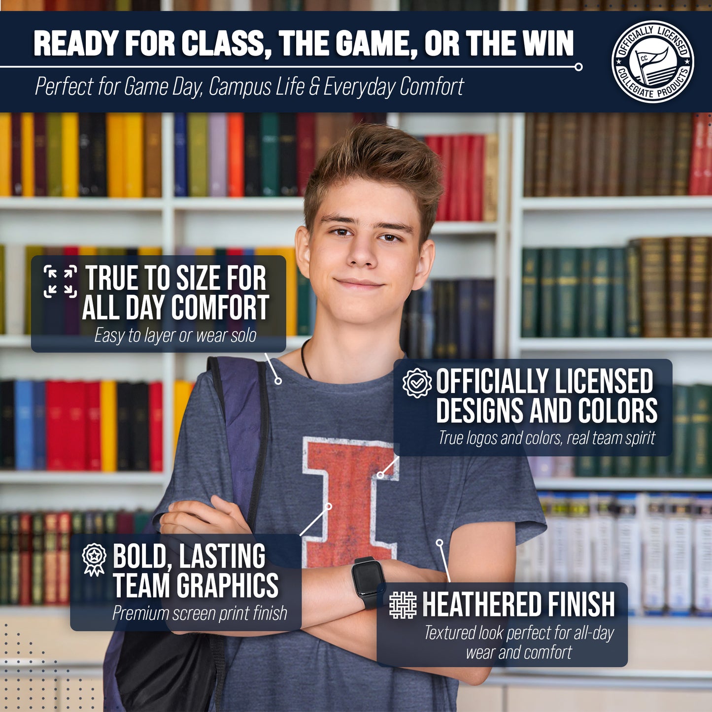 Illinois Fighting Illini Adult MVP Heathered Cotton Blend T-Shirt - Navy