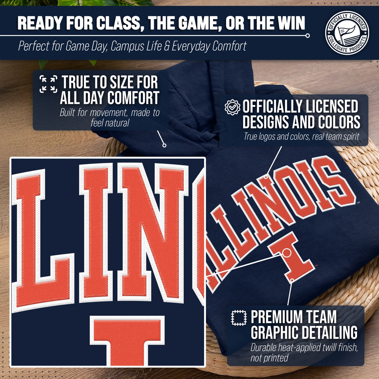 Illinois Fighting Illini NCAA Adult Tackle Twill Hooded Sweatshirt - Navy