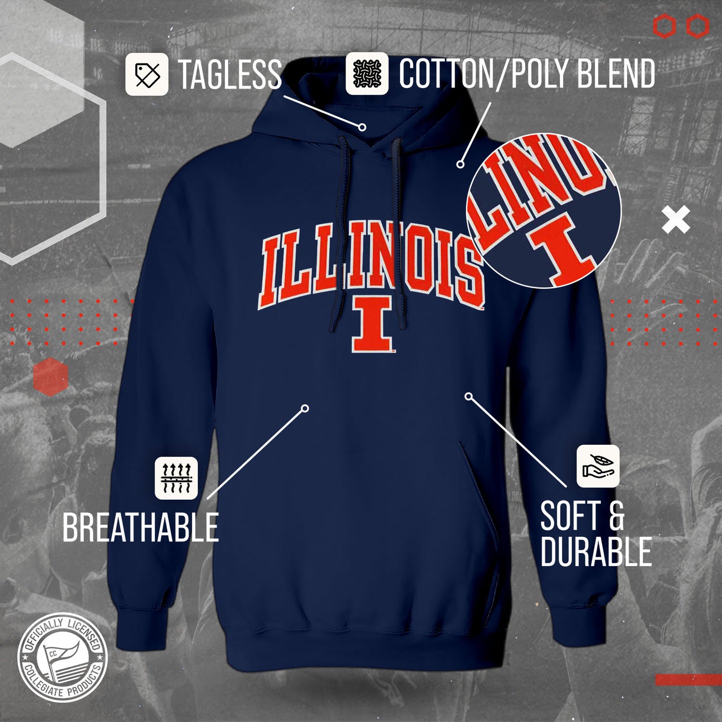 Illinois Fighting Illini NCAA Adult Tackle Twill Hooded Sweatshirt - Navy