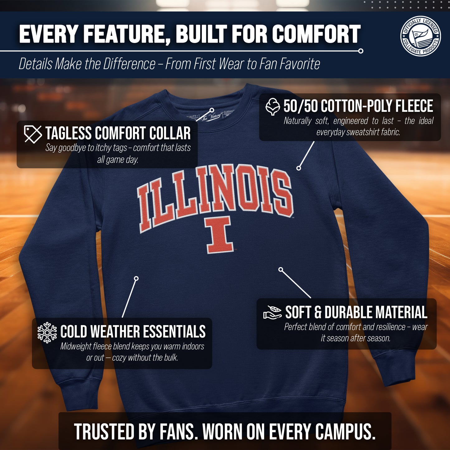 Illinois Fighting Illini Adult Tackle Twill Crewneck - Navy