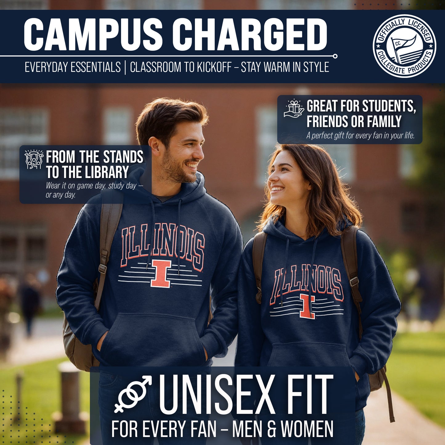 Illinois Fighting Illini NCAA Adult Unisex Overtime Classics Hooded Fleece Sweatshirt - Navy