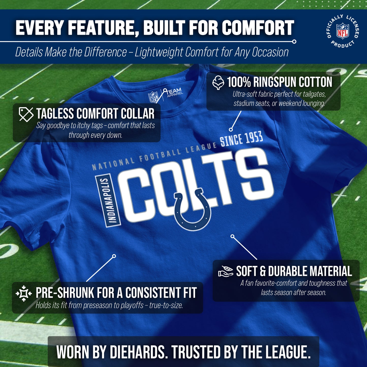 Indianapolis Colts NFL Youth Modern Endzone Football T-Shirt Unisex Tag Free Comfortable - Royal