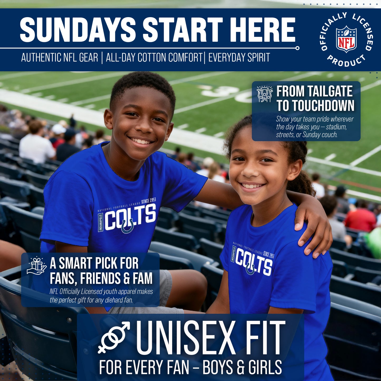 Indianapolis Colts NFL Youth Modern Endzone Football T-Shirt Unisex Tag Free Comfortable - Royal