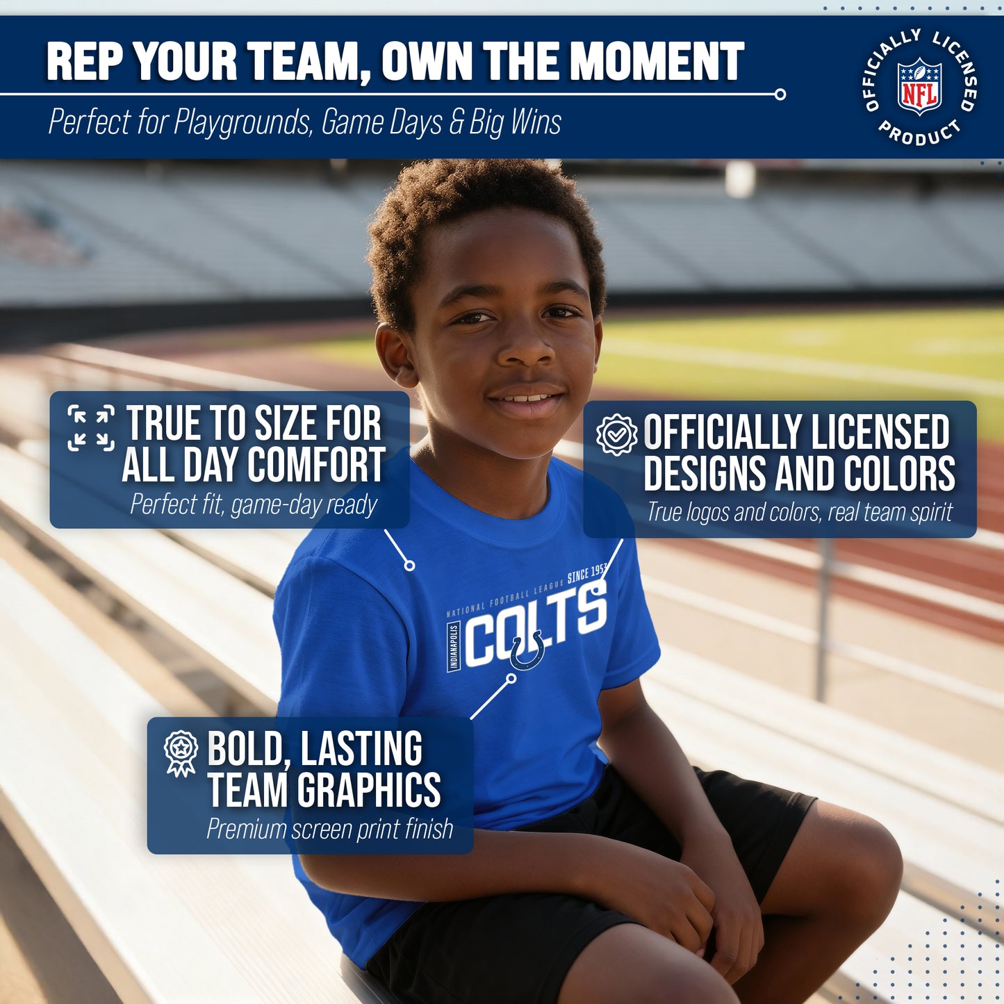 Indianapolis Colts NFL Youth Modern Endzone Football T-Shirt Unisex Tag Free Comfortable - Royal