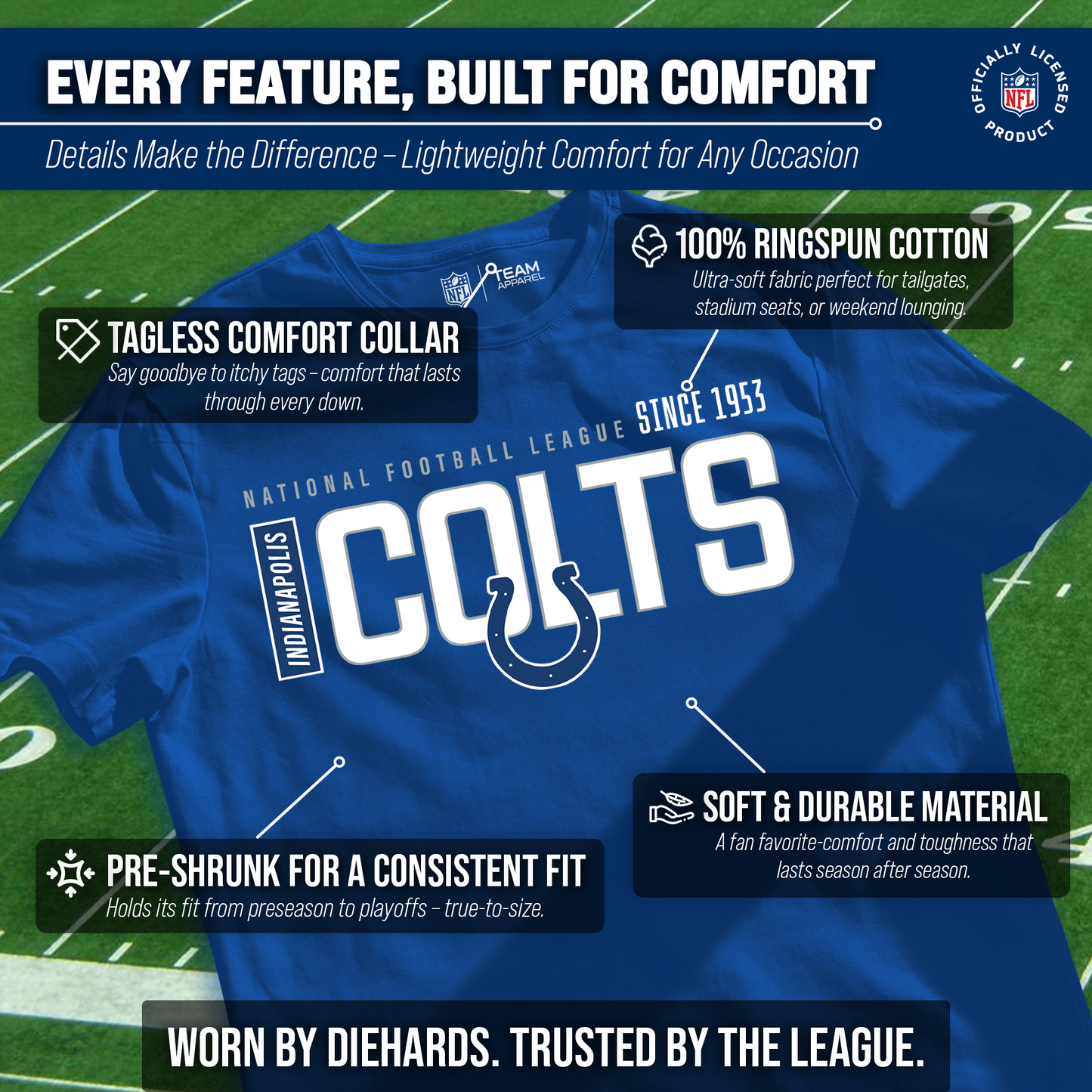 Indianapolis Colts NFL Adult Modern Endzone Tag-Less T-Shirt - Royal