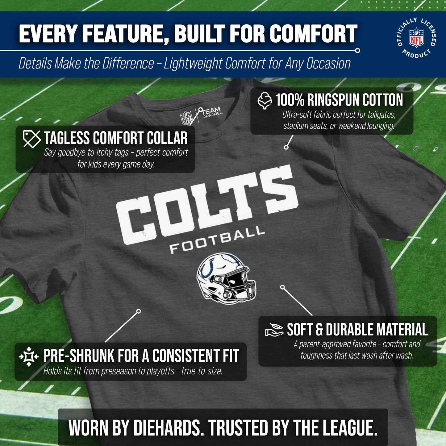 Indianapolis Colts NFL Youth Football Helmet Tagless T-Shirt - Charcoal