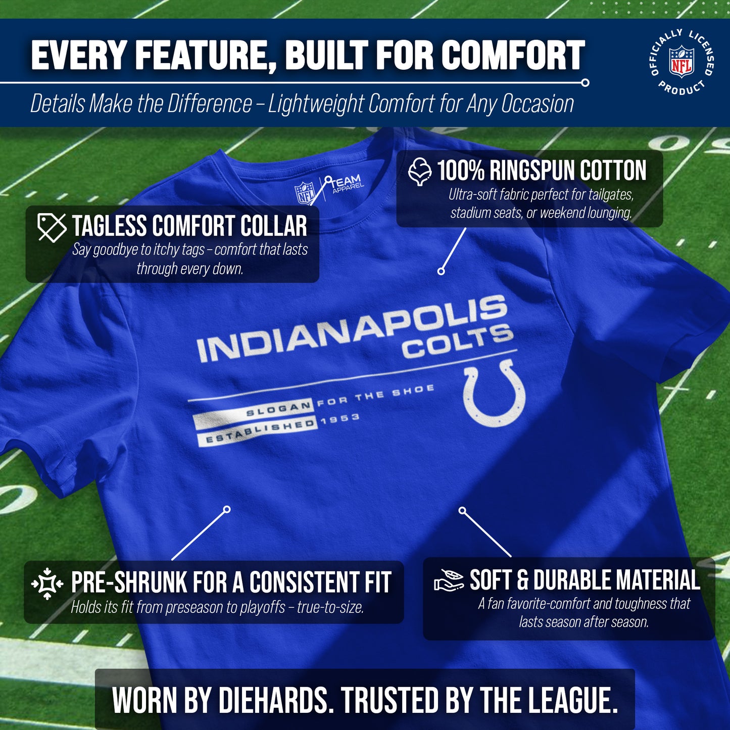 Indianapolis Colts Adult NFL Speed Stat Sheet T-Shirt - Royal