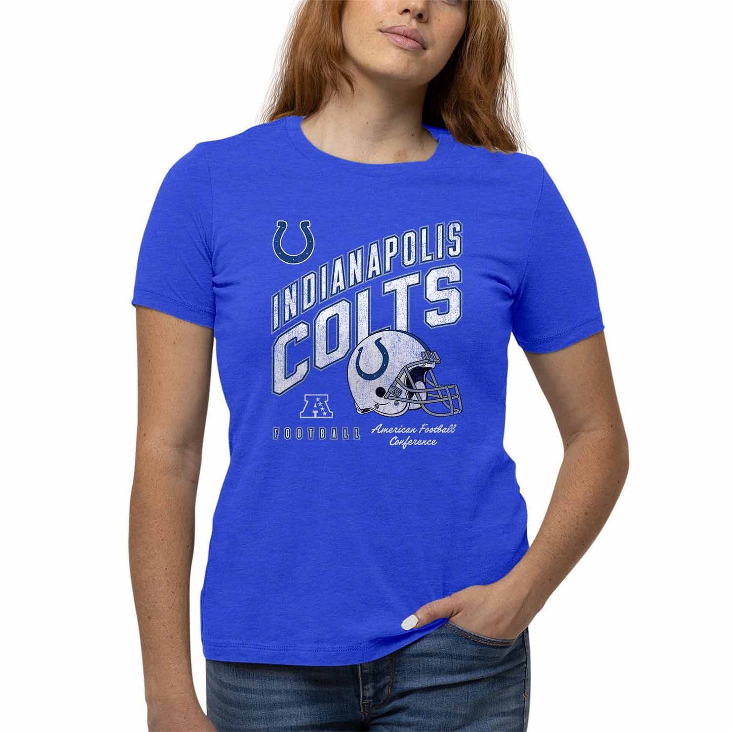 Indianapolis Colts NFL Womens Distressed Helmet Tag-Less Soft T-Shirt - Royal Heather