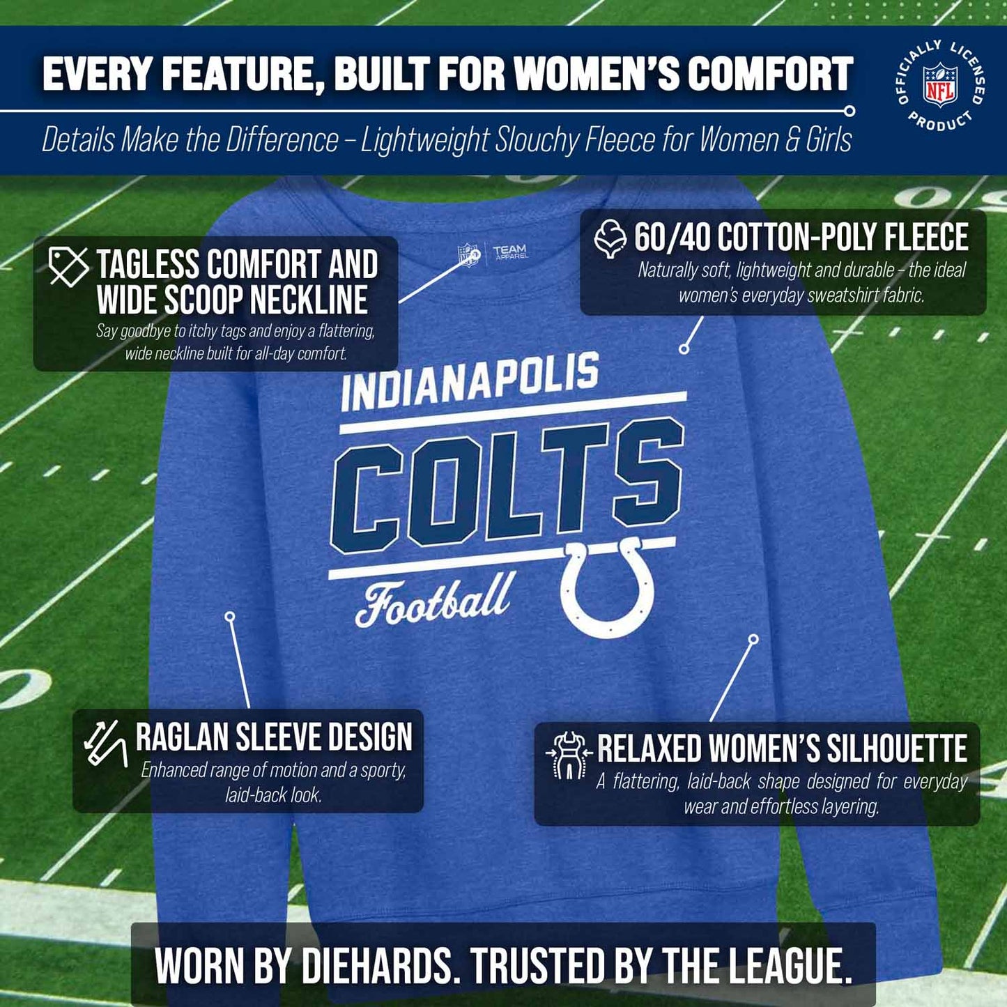 Indianapolis Colts NFL Womens Crew Neck Light Weight - Royal Heather