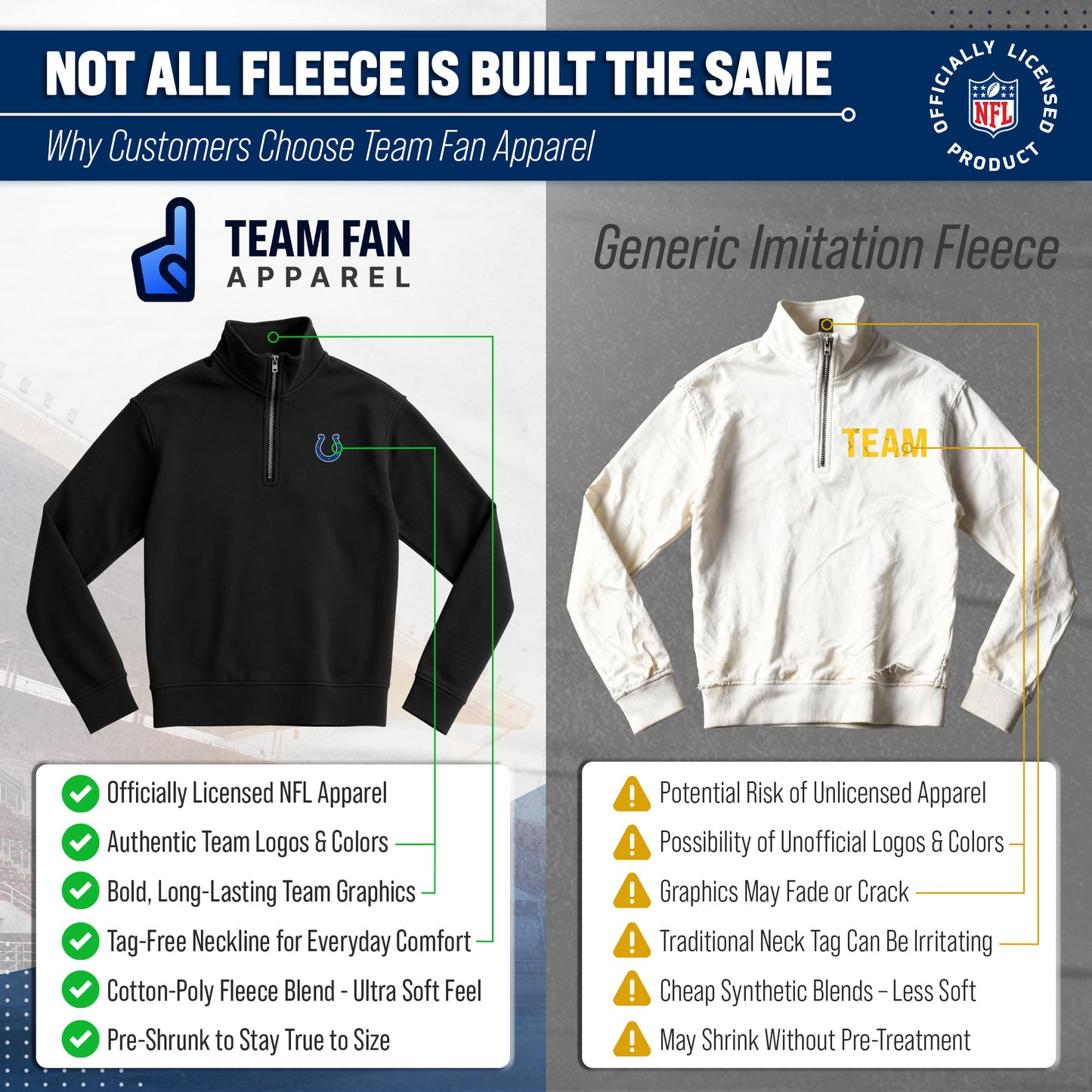 Indianapolis Colts NFL Adult Unisex Team Logo Quarter Zip Pullover Sweatshirt - Black