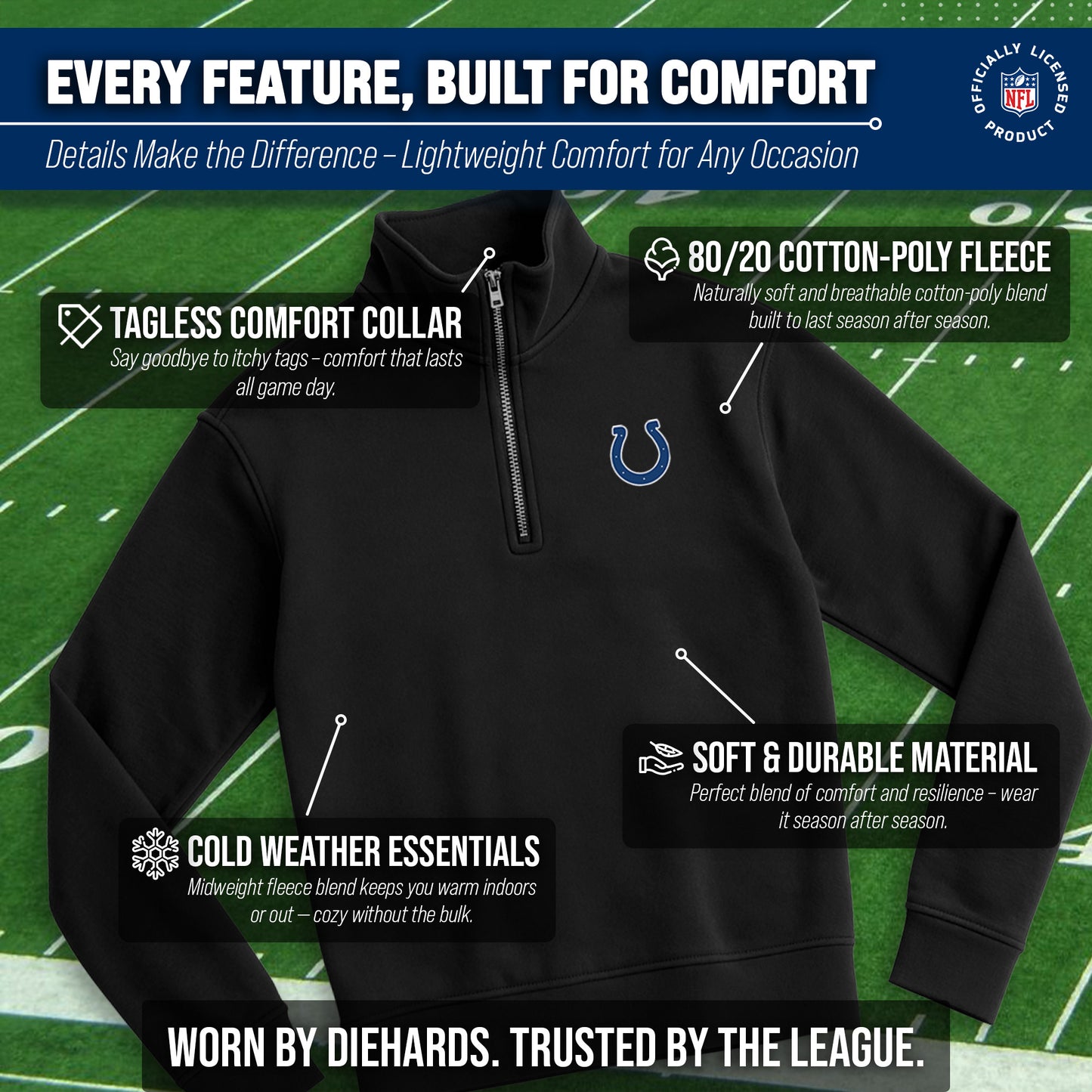 Indianapolis Colts NFL Adult Unisex Team Logo Quarter Zip Pullover Sweatshirt - Black