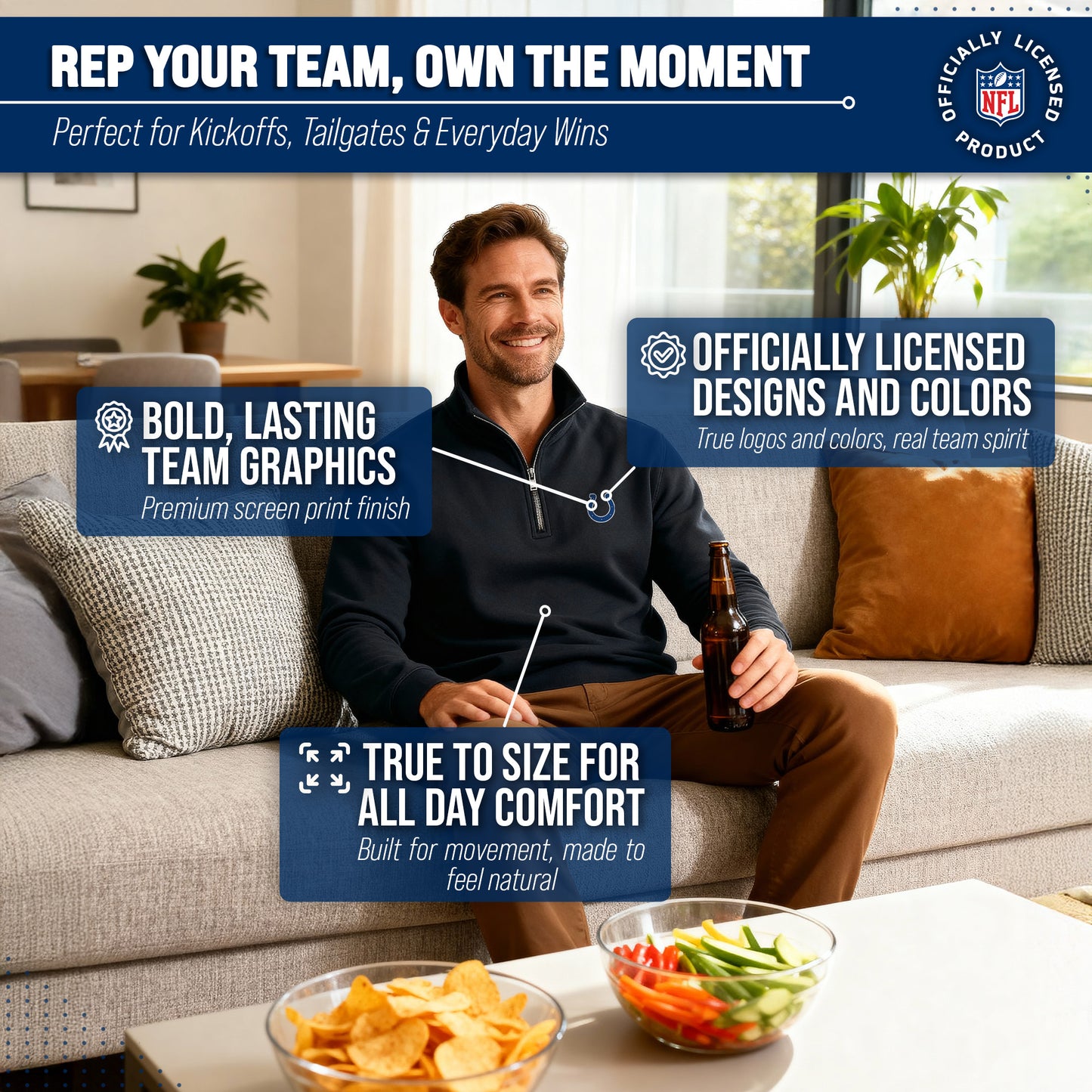 Indianapolis Colts NFL Adult Unisex Team Logo Quarter Zip Pullover Sweatshirt - Black