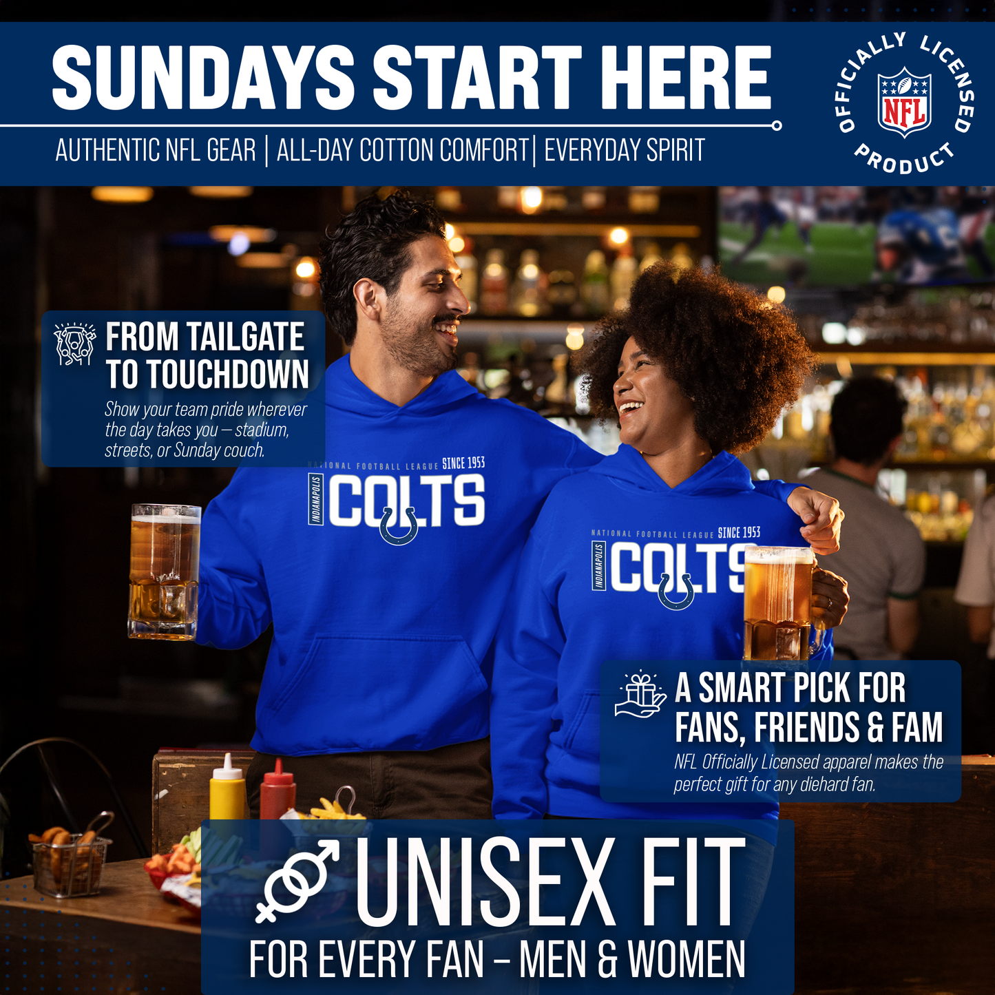 Indianapolis Colts NFL Adult Unisex Modern Endzone Soft Fleece Hooded Sweatshirt - Royal