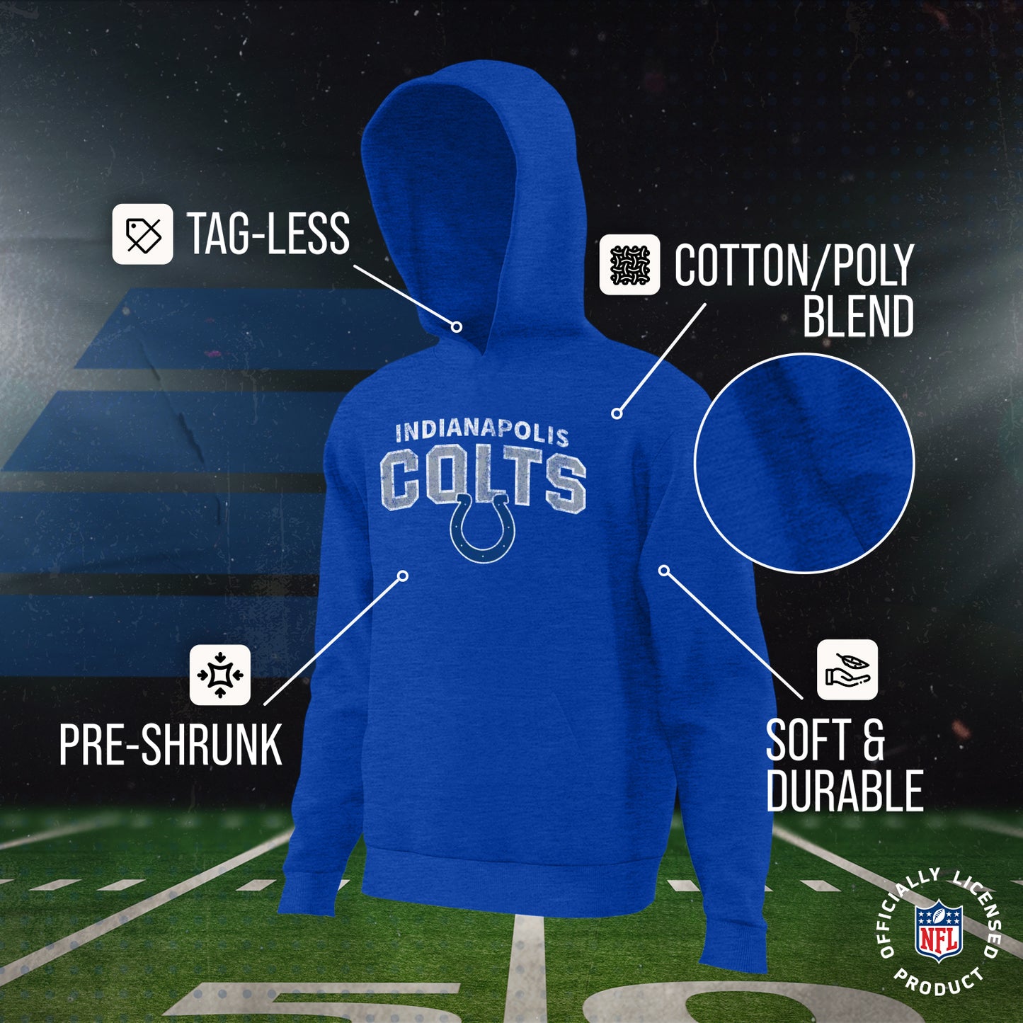 Indianapolis Colts NFL Youth Starting Fresh Hoodie- Pro Football Sweatshirt for Boys and Girls - Royal