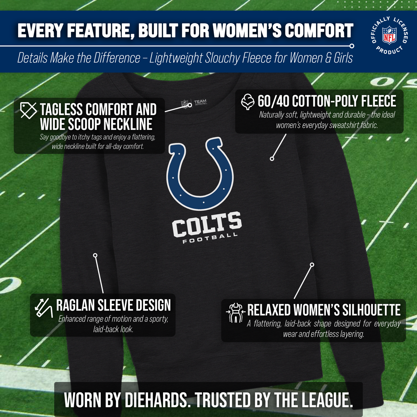 Indianapolis Colts Women's NFL Ultimate Fan Logo Slouchy Crewneck -Tagless Fleece Lightweight Pullover - Charcoal