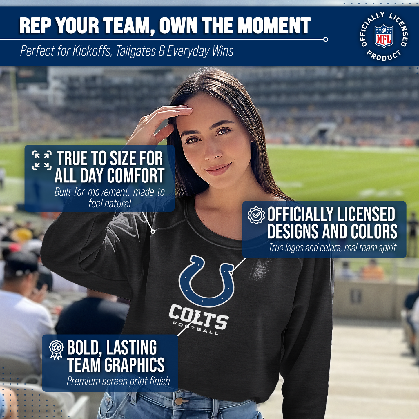Indianapolis Colts Women's NFL Ultimate Fan Logo Slouchy Crewneck -Tagless Fleece Lightweight Pullover - Charcoal