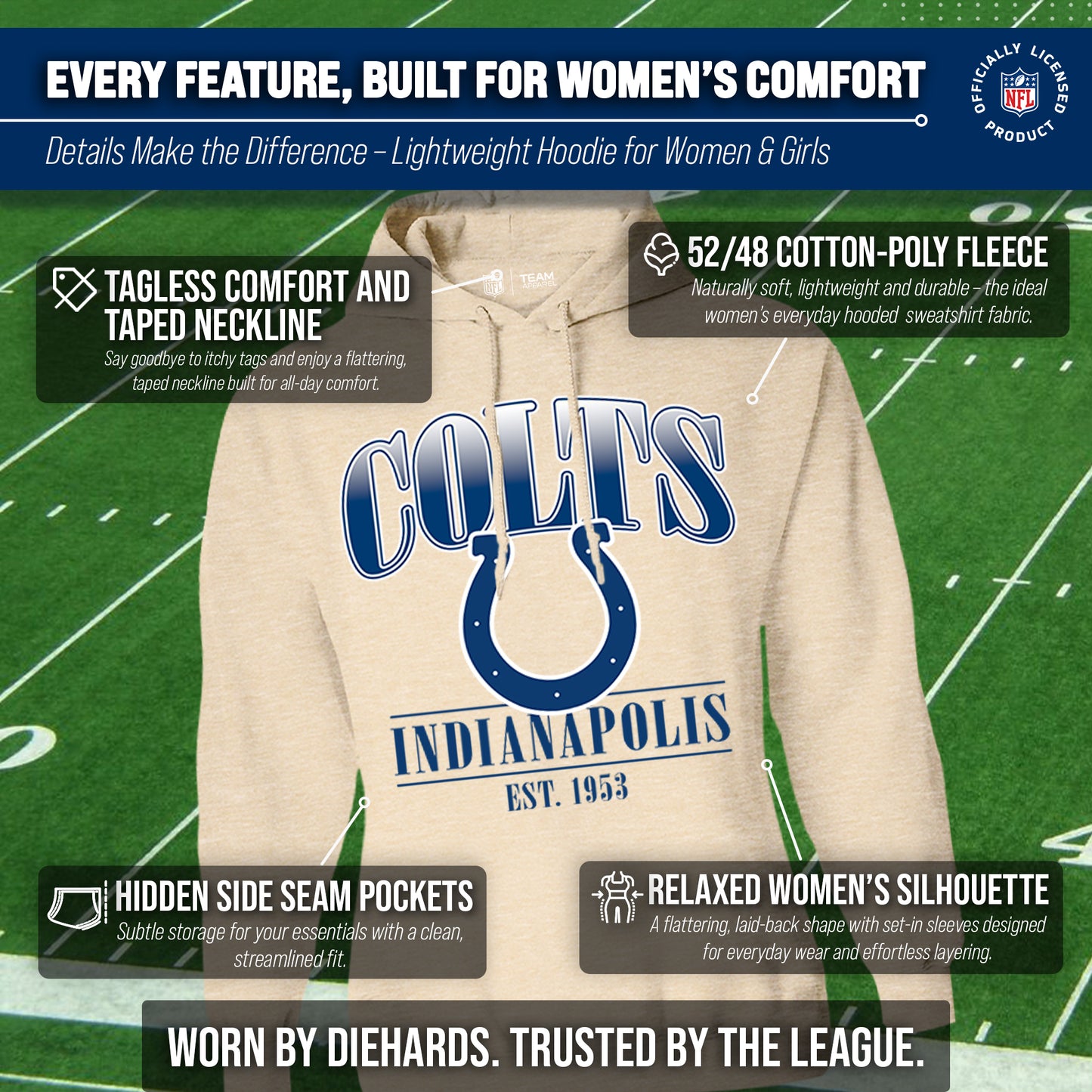 Indianapolis Colts Ladies NFL Starstruck Fleece Pullover Hooded Sweatshirt - Cream