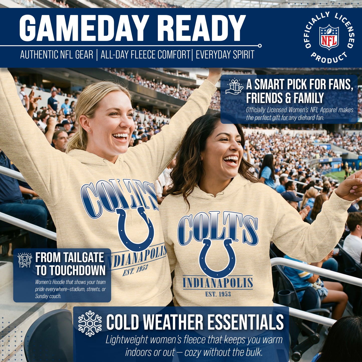 Indianapolis Colts Ladies NFL Starstruck Fleece Pullover Hooded Sweatshirt - Cream