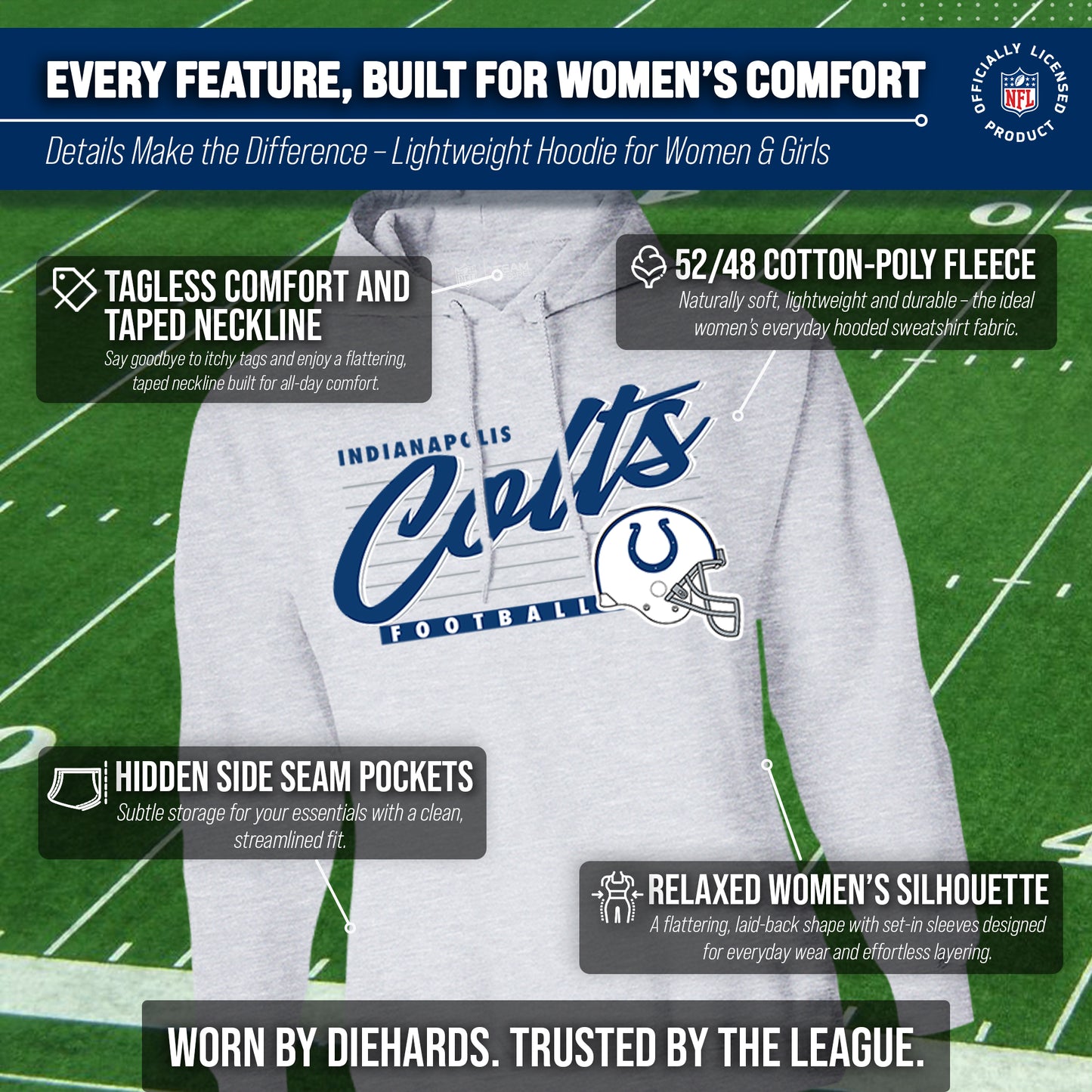 Indianapolis Colts Ladies NFL Scrimmage Line Fleece Pullover Hooded Sweatshirt - Gray Heather