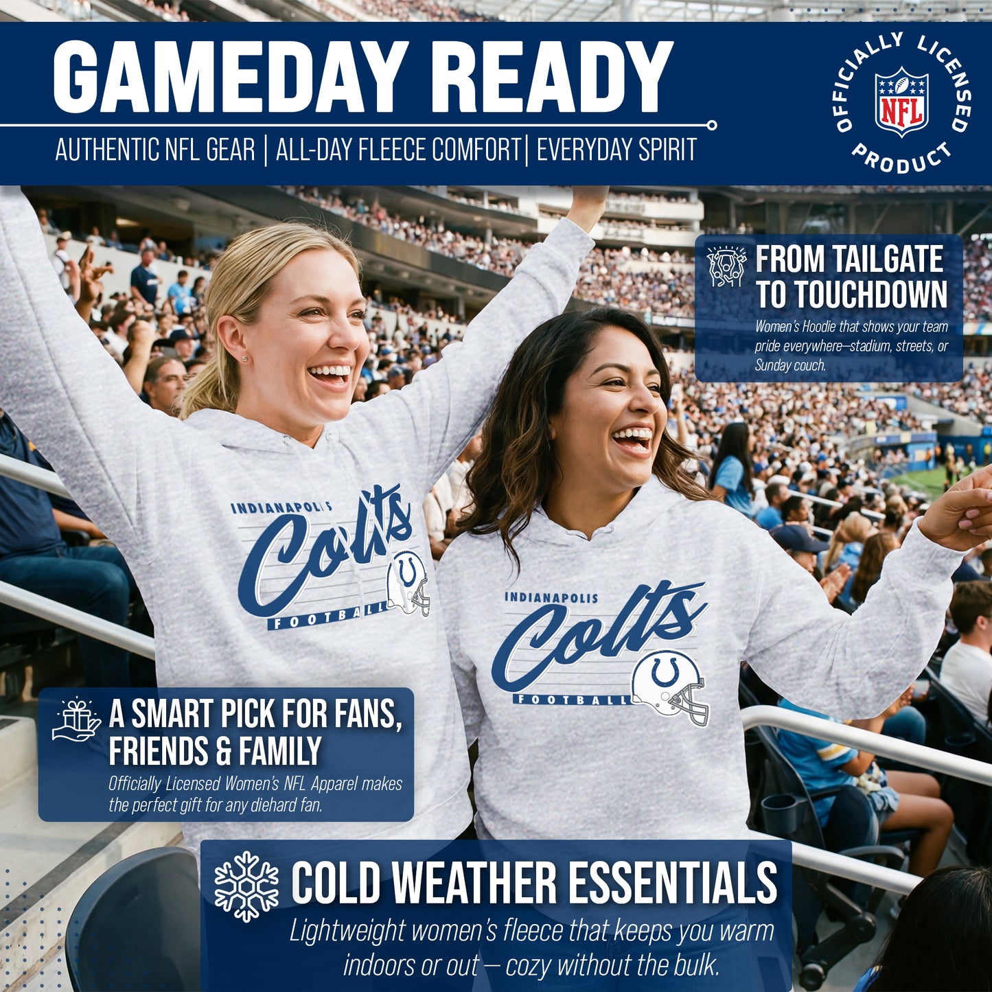 Indianapolis Colts Ladies NFL Scrimmage Line Fleece Pullover Hooded Sweatshirt - Gray Heather