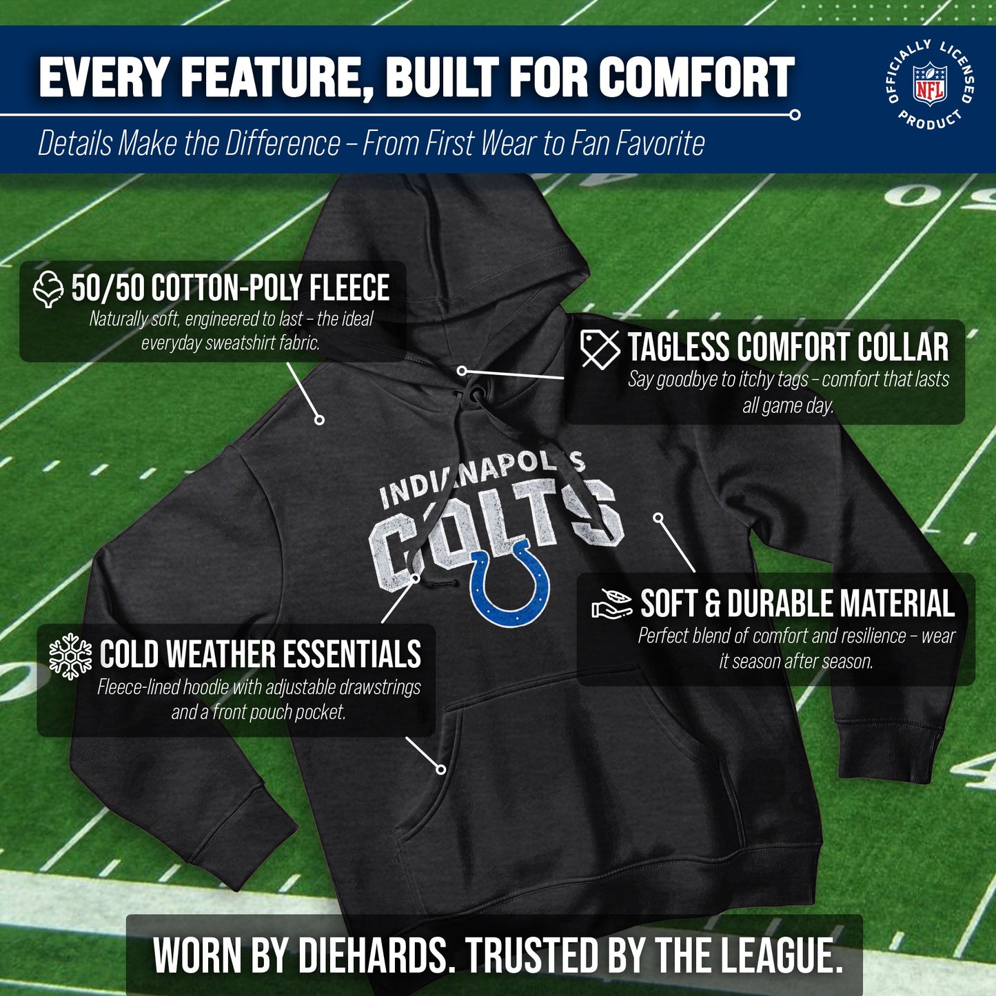 Indianapolis Colts NFL Adult Unisex Starting Fresh Ultra Soft Fleece Hooded Sweatshirt - Black Heather