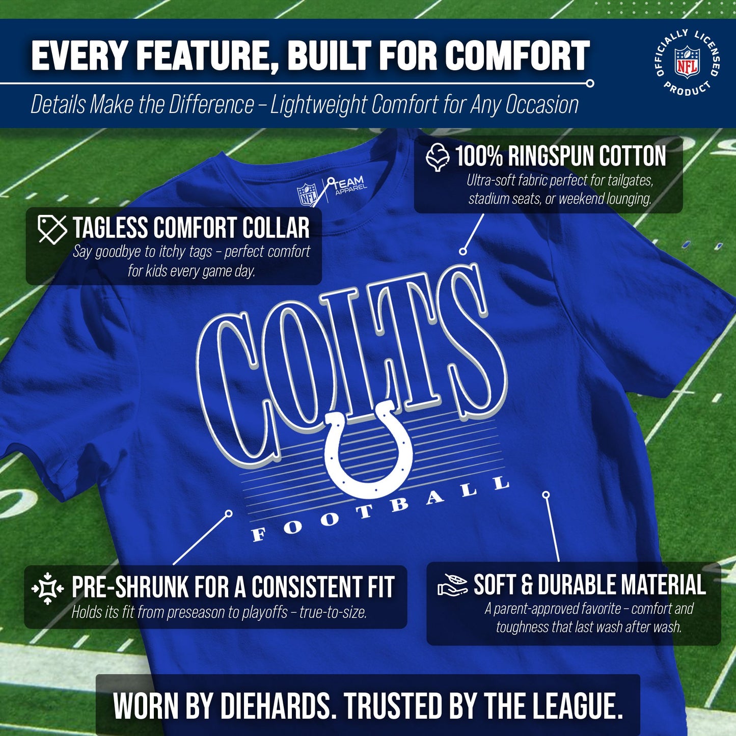 Indianapolis Colts NFL Youth Overtime Blueprint Football T-Shirt Unisex Tag Free Comfortable - Royal
