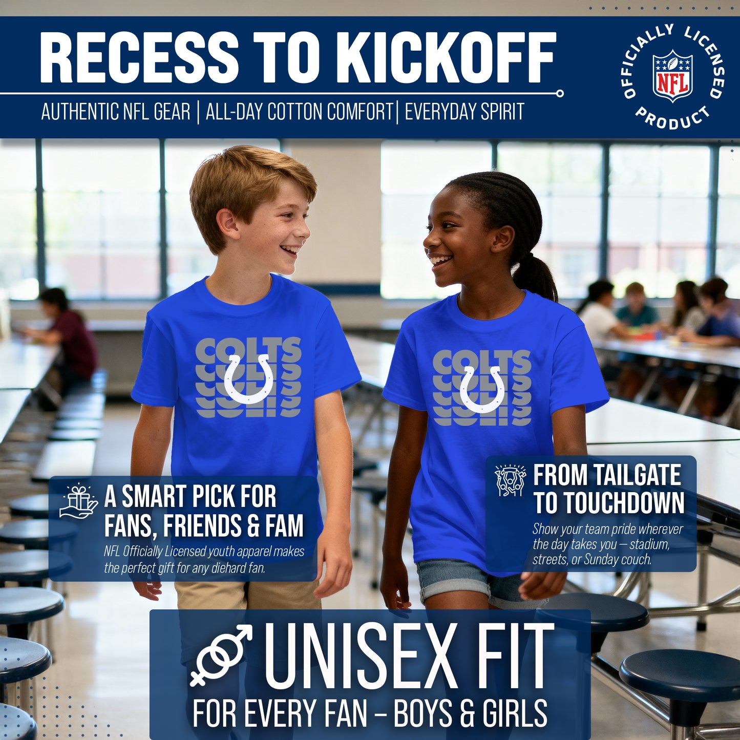 Indianapolis Colts NFL Youth Repeating Logo Football T-Shirt Unisex Tag Free Comfortable - Royal