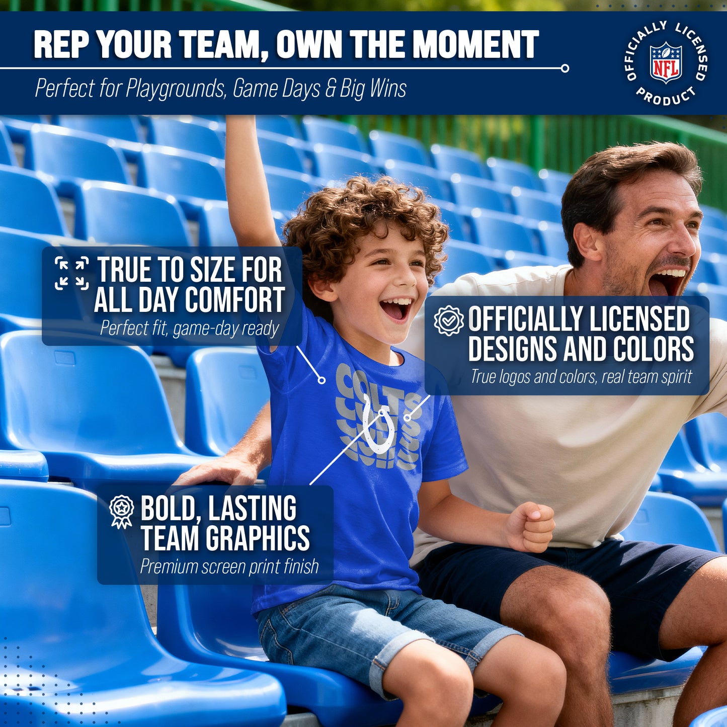 Indianapolis Colts NFL Youth Repeating Logo Football T-Shirt Unisex Tag Free Comfortable - Royal