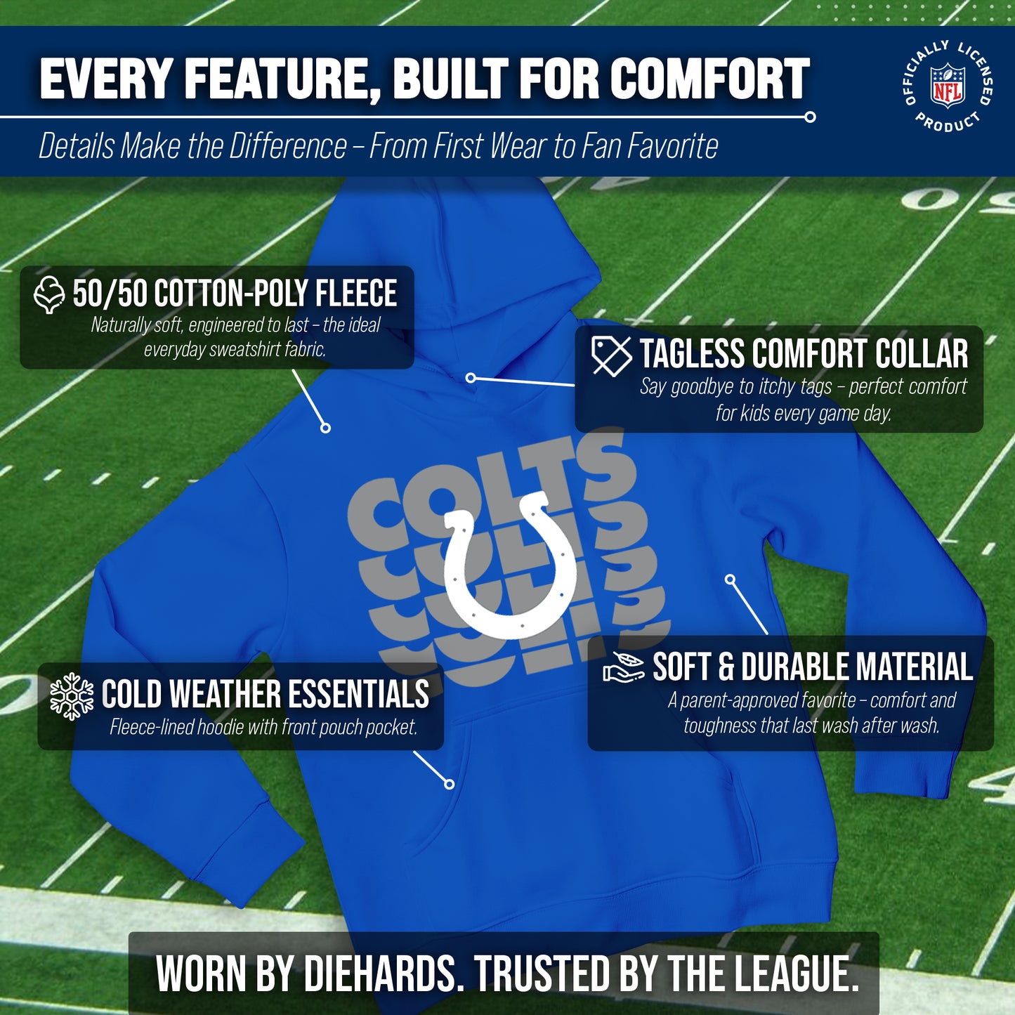 Indianapolis Colts NFL Youth Repeating Logo Football Fleece Hooded Sweatshirt - Royal