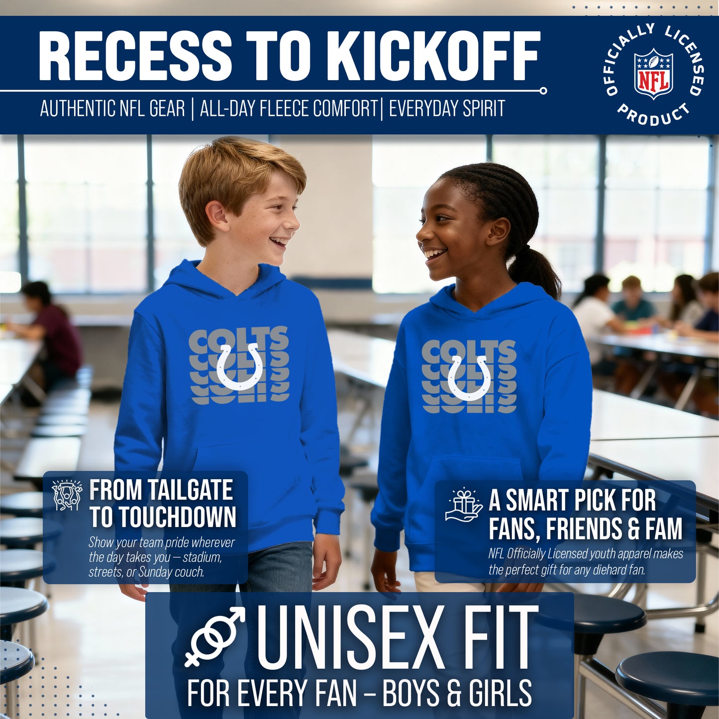 Indianapolis Colts NFL Youth Repeating Logo Football Fleece Hooded Sweatshirt - Royal