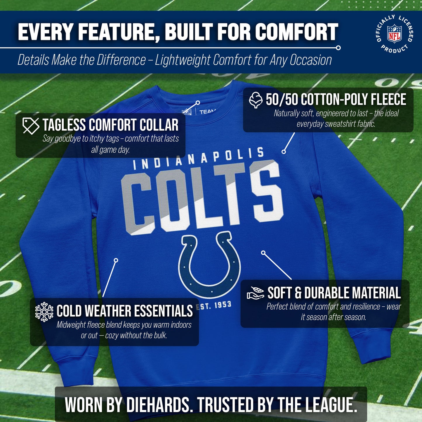 Indianapolis Colts Adult NFL Diagonal Fade Color Block Crewneck Sweatshirt - Royal